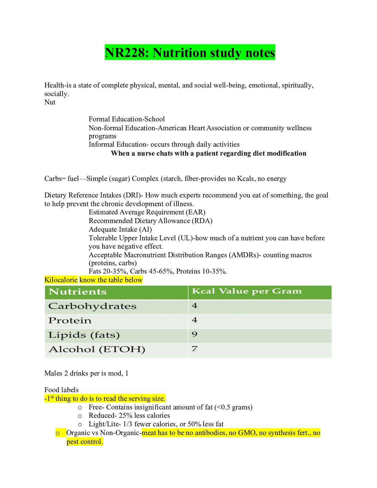 Preview image of NR228: Nutrition study notes document